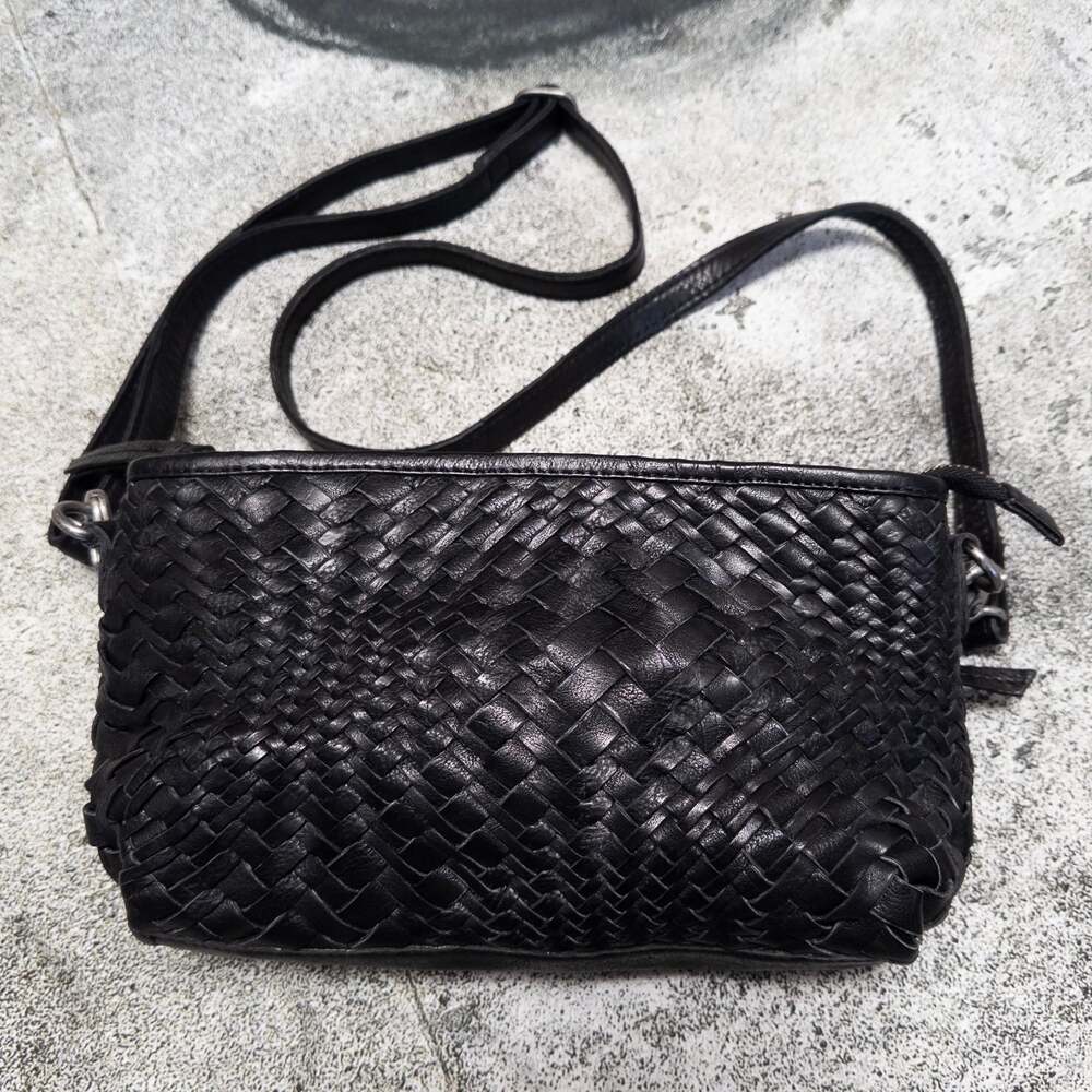 Day & Mood Black Braided Woven Leather Crossbody‎ Bag